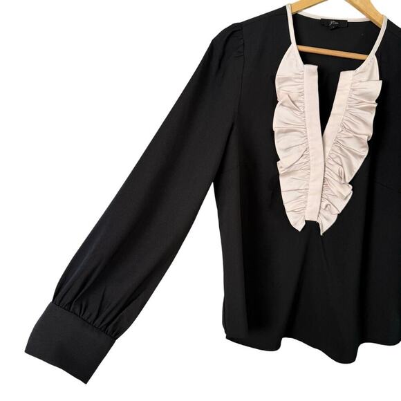 J.Crew Long-Sleeve Ruffle-Front Top‎ in Satin Crepe in Black and Cream, Medium - Picture 5 of 9